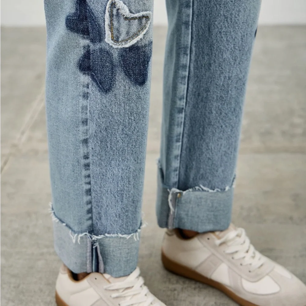 High Rise Star & Heart Patched Dad Jean W/stretch
